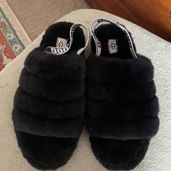 UGG Black Fuzzy Slide Sandals-10 