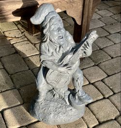 Vintage Concrete Gnome Playing Guitar: 10”W x 7”D x 19”H