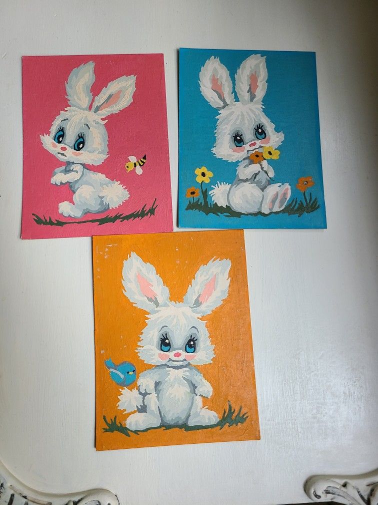 Vintage white rabbit Big Eye art paint by numbers nursery bunny decor (3)