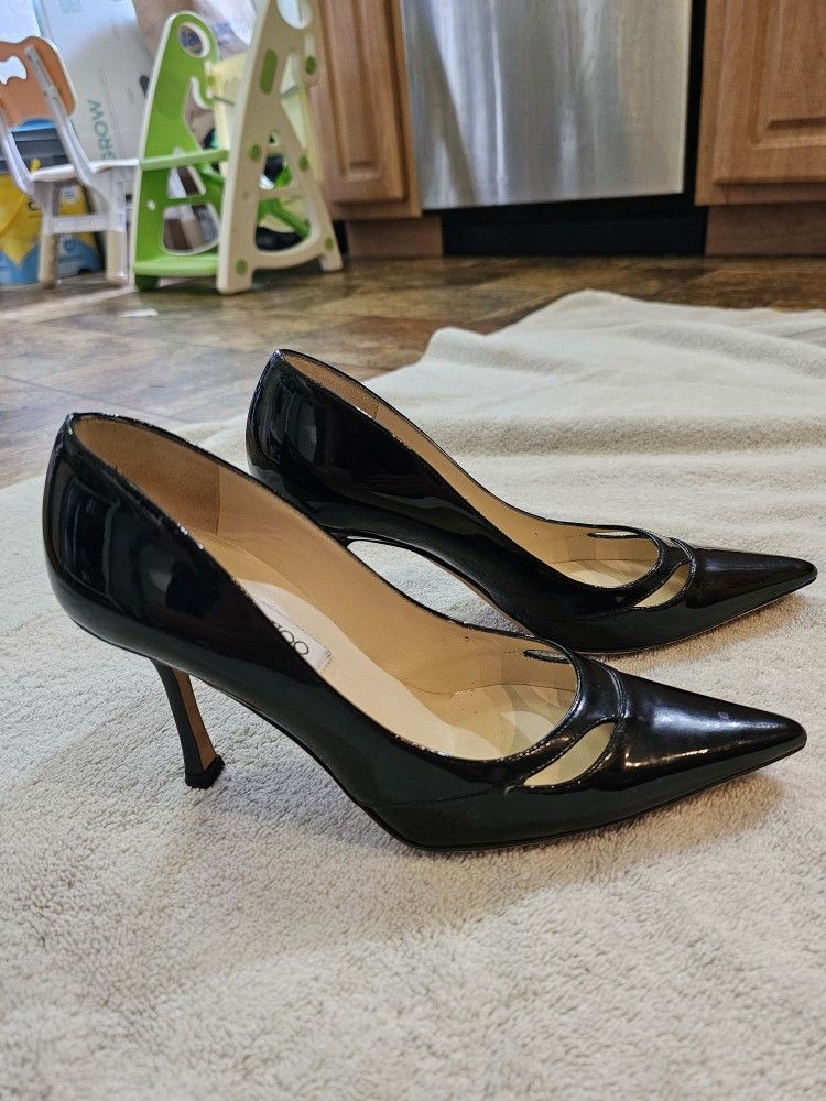 Jimmy Choo Black Patent Leather Aude Pointed Toe 3.5 Inch Heels, Size 35.5