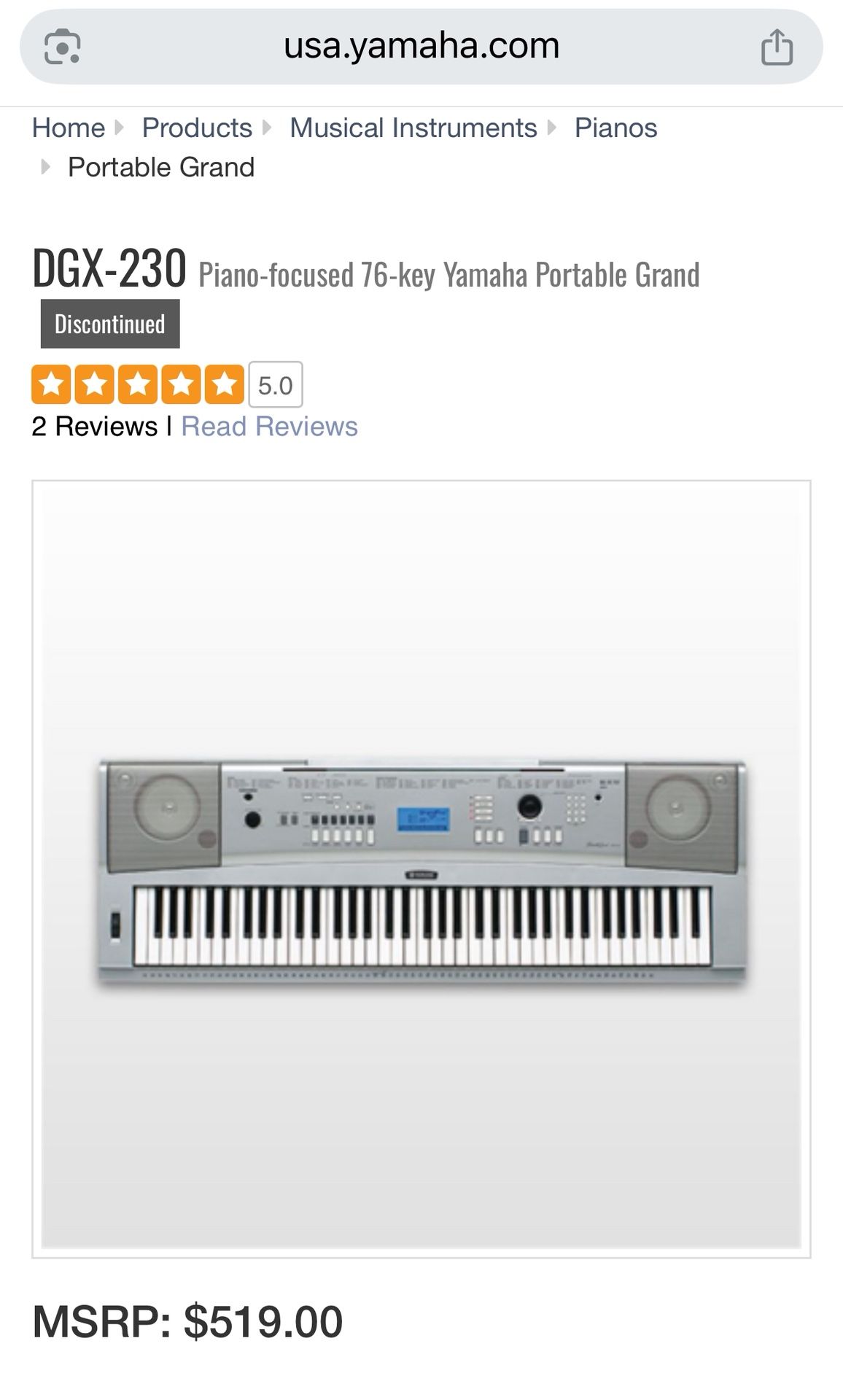 New Yamaha Portable Grand DGX-230 Keyboard