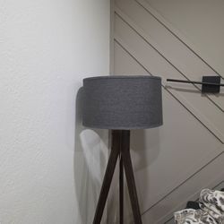 Mid-Century Modern Wood Tripod Floor Lamp with Grey/beige Drum Shade