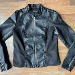Baccini Faux Leather Peplum Moto Jacket Size PS Black Petite Small Womens