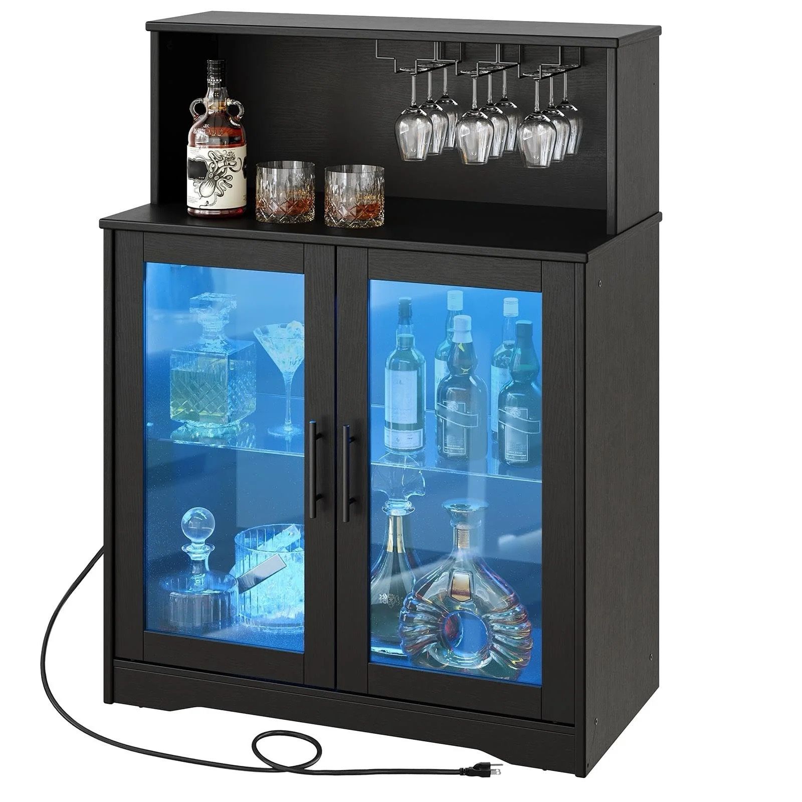 Wine Bar Cabinet with Storage, LED Liquor Cabinet with Power Outlets, Coffee Bar Cabinet for Liquor and Glasses, Glass Cabinet Doors, for Bar, Dining