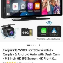 Carpuride W903 Portable Wireless Carplay & Android Auto with Dash Cam - 9.3" HD IPS Screen, 4K Front & Backup Camera, Loop Recording, Bluetooth, Mirro