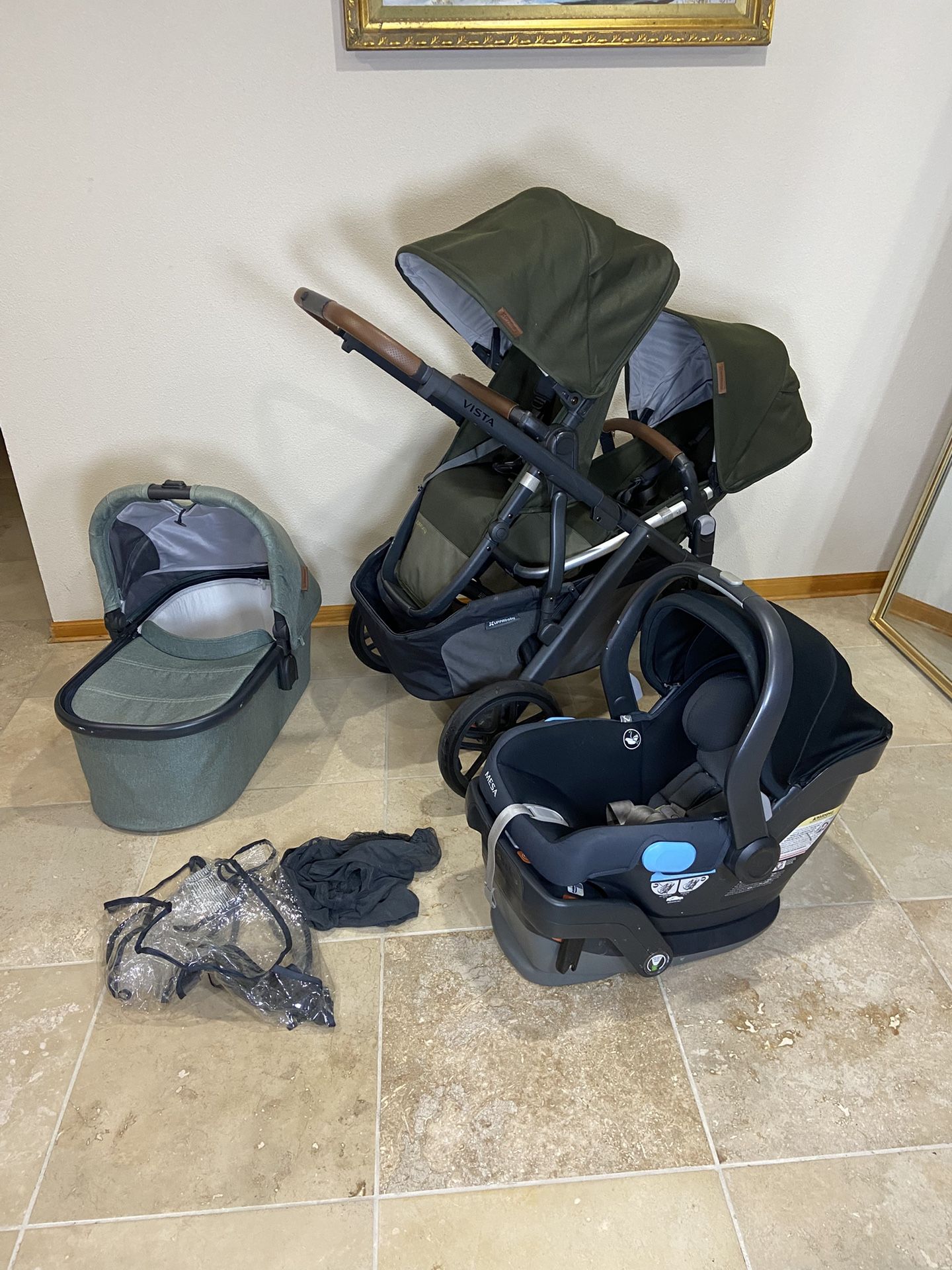 Uppababy Vista V2 Double Stroller with Bassinet and Car Seat Green