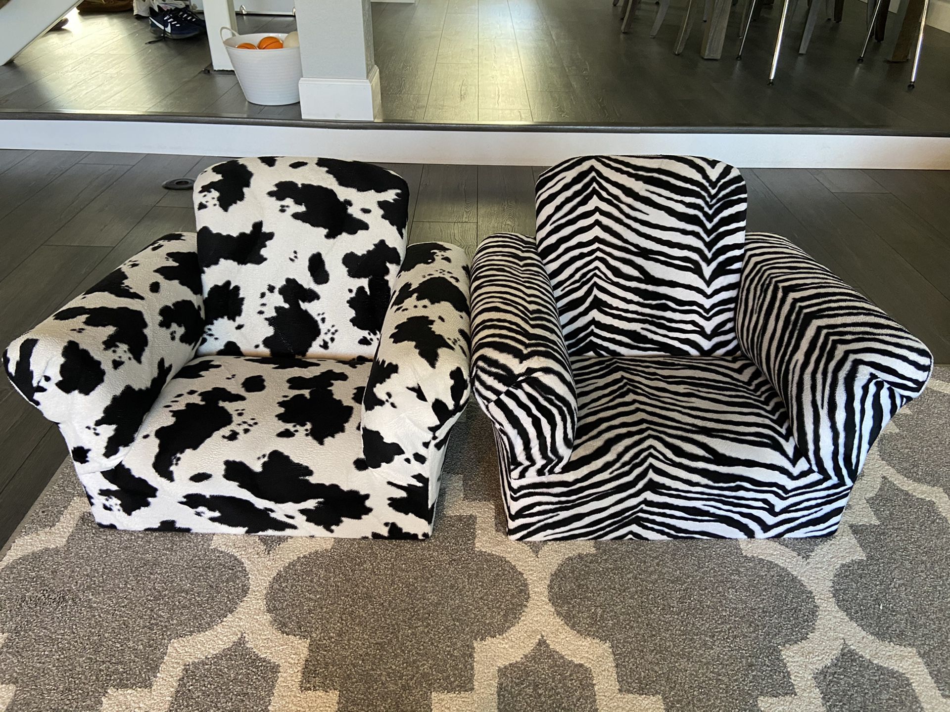 Kids black white cow/zebra chairs