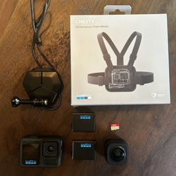 GoPro Hero 13 Black Bundle - Ultra Wide Lens, 2 Batteries, 64GB SD Card, Chest Mount - Like New