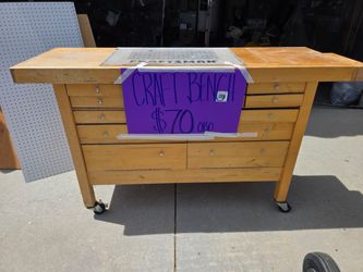 Wooden Workbench with Drawers on Casters