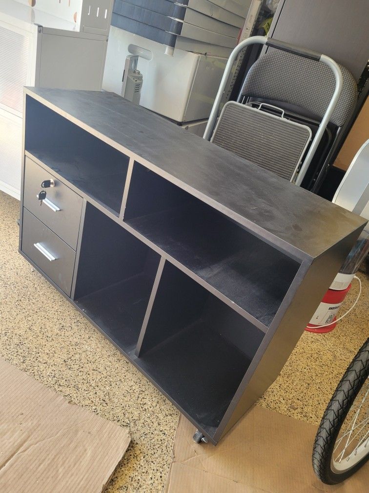 Black Printer Tv Media Cart Shelves Shelf Shelving Cabinet Rolling Stand With Locking Drawer Drawers Storage Bookcase
