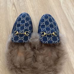 Gucci Navy GG Canvas Fur-Lined Horsebit Slippers 36