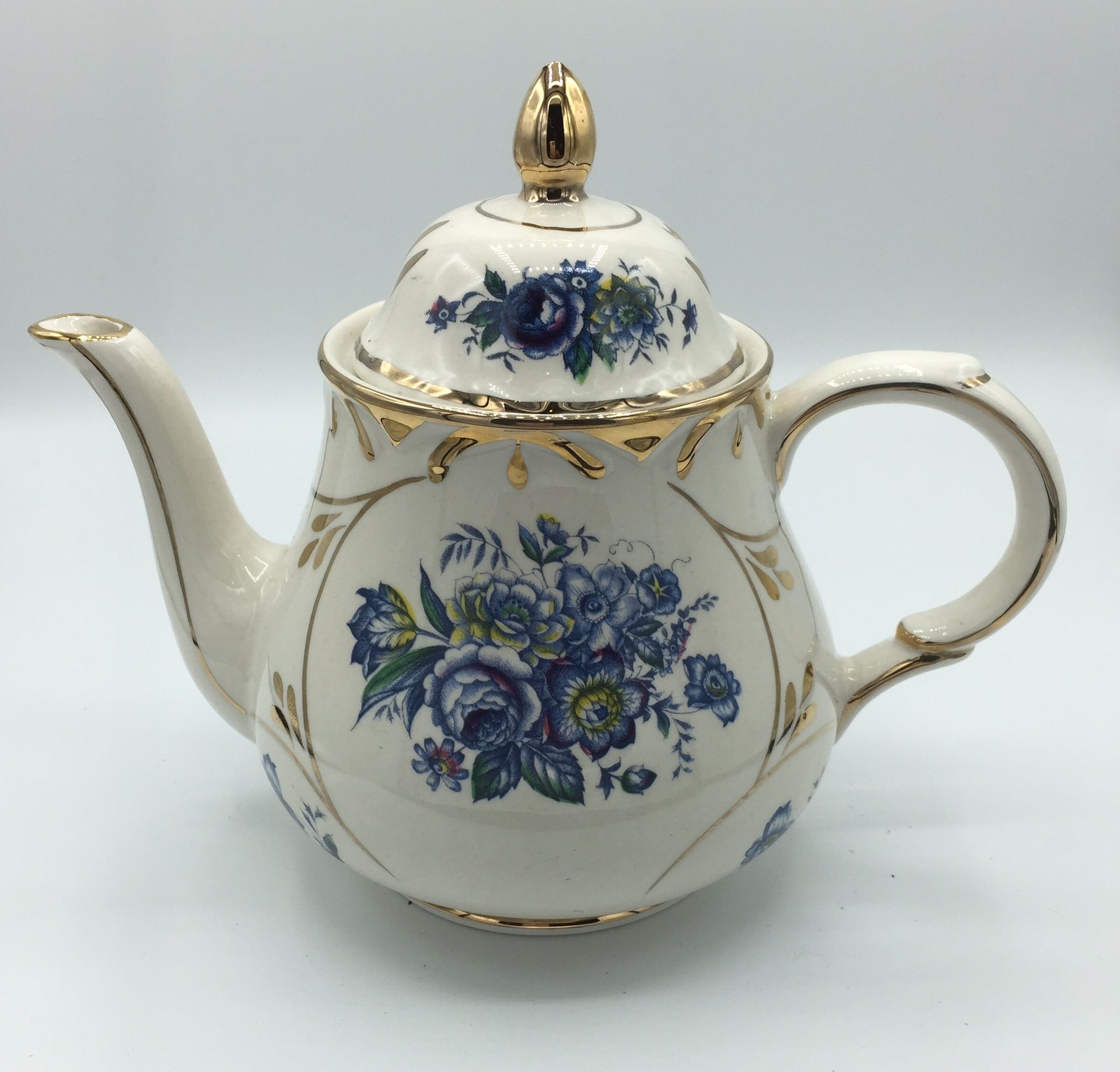 Arthur Wood Tea Pot, Chatsworth Blue & White Floral Teapot with Gold Made in England
