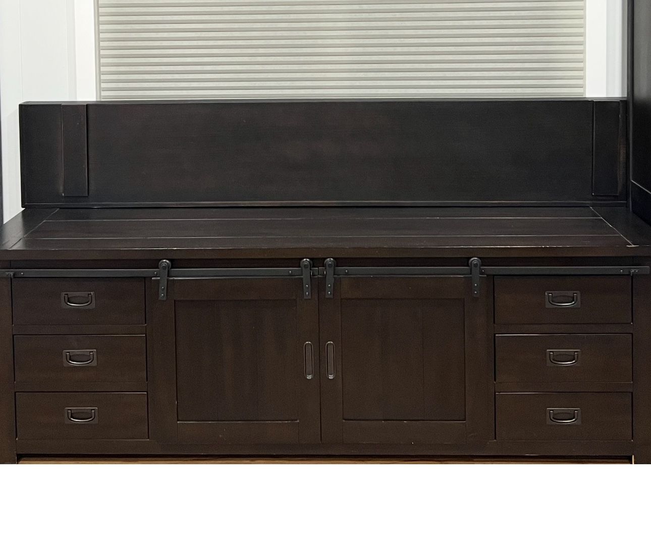 Storage Bench TV Stand, With Barn Doors Interior Shelves 