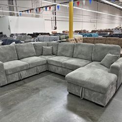 🎪  Sectional Sofa Bed with Storage Chaise, Fog Gray Corduroy Fabric, Pull-Out Sleep, New in the Box.