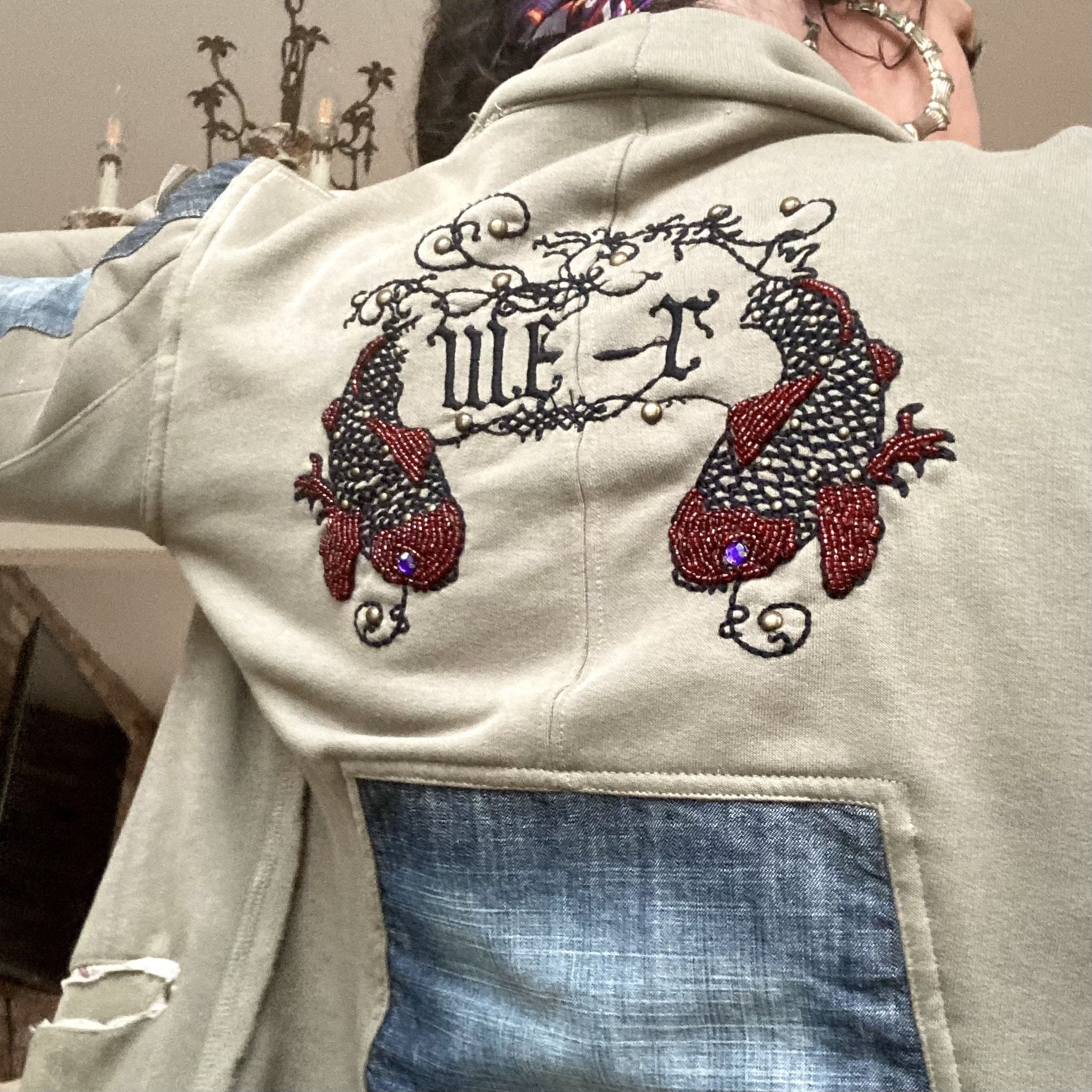 Lucky like olive green cotton denim beaded embroidered military moto jacket XS