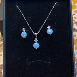 Solid Sterling Silver 925 Blue Opal Earrings N Pendant Set