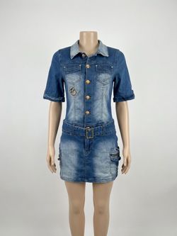 Short Sleeve Denim Mini Dress with Belt