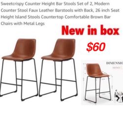 New in box Counter Height Bar Stools Set of 2, Modern Counter Stool Faux Leather Barstools with Back, 26 inch Seat Height Island Stools Countertop Com