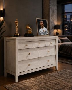 Farmhouse with Modern Artistry Seven Drawer White Dresser.