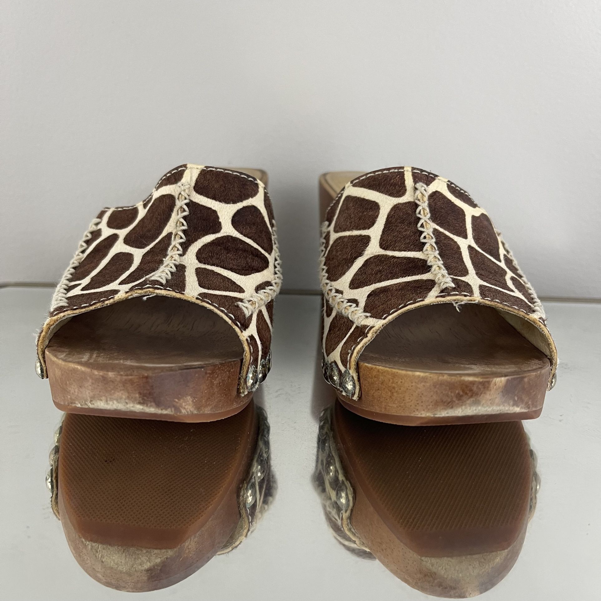 MICHAEL KORS Brown Creme Giraffe Printed Calf Hair Wooden Platform Heel Sandals