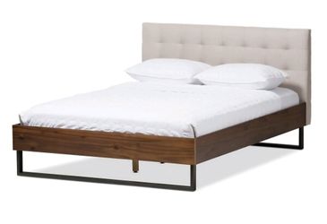 King Size Industrial Walnut Wood/Beige Fabric/ Upholstered Platform Bedrame w/Lucid King 16" Cooling Mattress