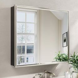 Musey 30 in W x 26 in H Brush Nickel Rectangular Aluminum Medicine Cabinet with Beveled Mirror, Recessed or Surface $140