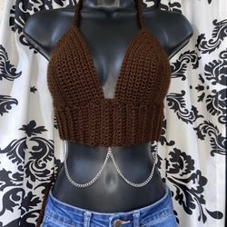Brown Handmade Crochet Top With Belly Chain