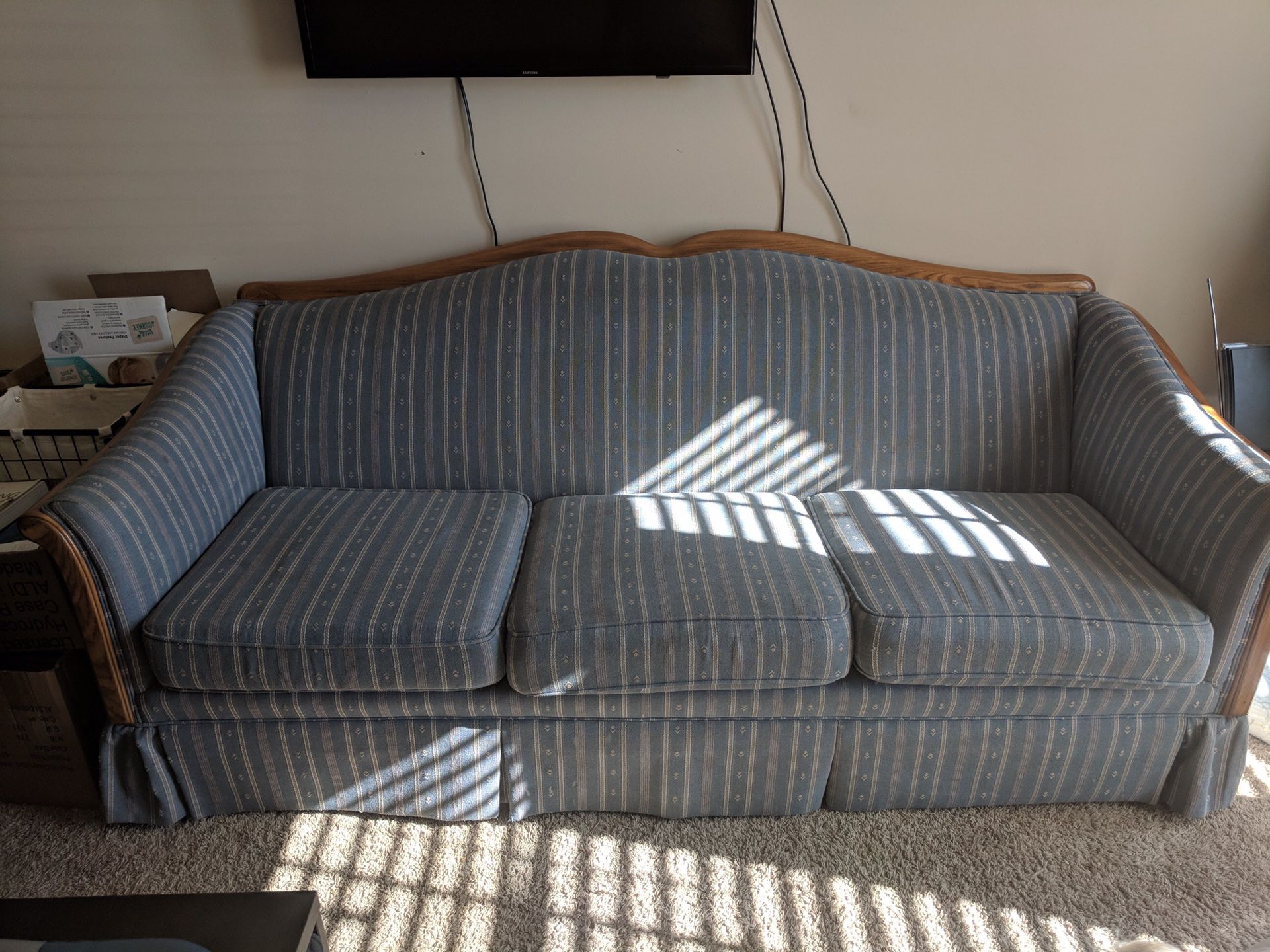 Blue and White Striped Couch