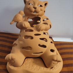 PartyLite Terra Cotta Cat w Bird Tealight Holder Luminary Best Friends