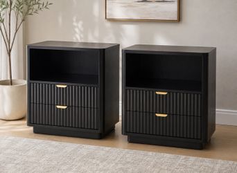 Black Nightstands Set of 2, Fluted Nightstands with 2 Drawers and Open Shelves, Large Wooden Night Stands Modern Design Night Stand for Bedroom Sofa O