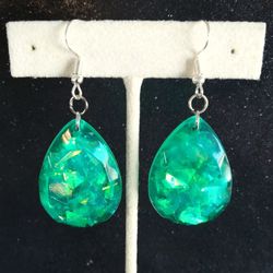 Green iridescent teardrop dangle earrings with silver hypoallergenic hooks new
