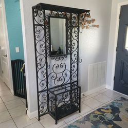 Antique Wrought Iron Hall Tree with Mirror