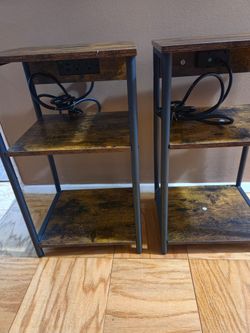 Industrial Side Tables with Built-In Power Outlets – Set of 2