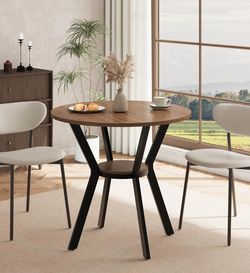 MECHYIN 42” Round Dining Table for 2-4, Small Kitchen Table with Storage Farmhouse , Space Saving Circle Table, Rustic Wood Dining Room Tables , Metal