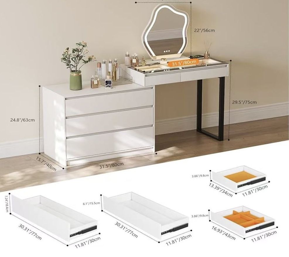 😀 Corner Vanity Desk with Mirror and Lights, Modern Makeup Vanity with Charging Station, Extendable Dressing Table with Drawers and Dresser for Women