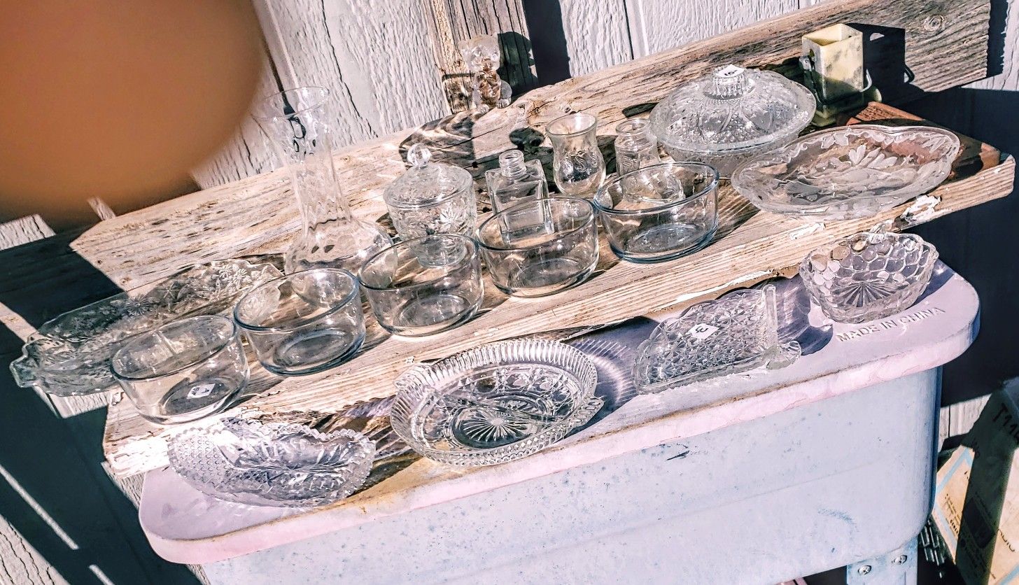 Vintage and antique large lot of glass and lead crystal dinner wearVintage and antique large lot of glass and lead crystal dinner ware