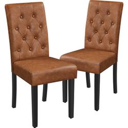 Set of 2 Button Tufted Padded Faux Leather Dining Chair, Retro Brown