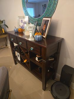 Dark Wood Console Table with Drawers and Shelves
