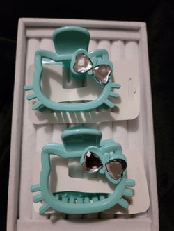 2 Blue Kitty With Bow & Heart Accent- Hair Claw Clips