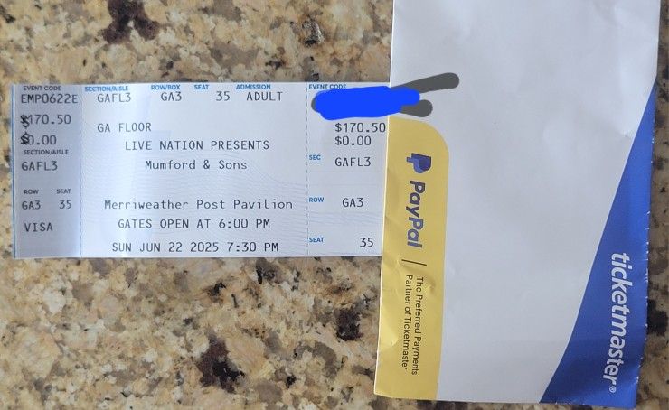 1 Mumford And Sons GA PIT Ticket June 22 Merriweather Post Pavilion 6/22