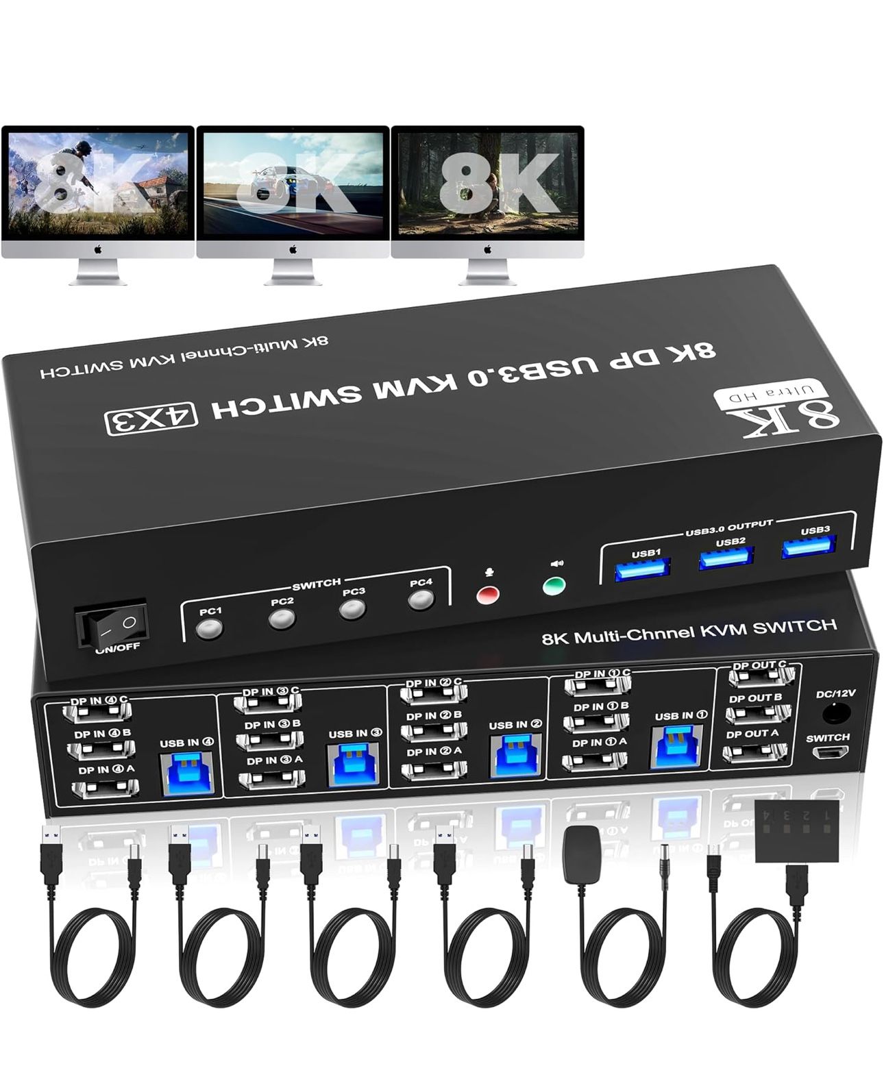 8K@60Hz DisplayPort 3 Monitors 4 Computers KVM