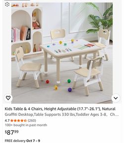 Kids Table & 4 Chairs, Height Adjustable (17.7"-26.1"), Natural Graffiti Desktop,Table Supports 330 lbs,Toddler Ages 3-8，Children Multi-Activity Table