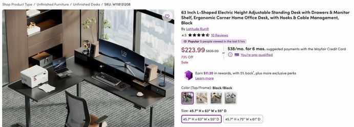 L-Shaped Electric Standing Desk - Brand New, Sealed in Box (63"W)