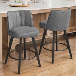 2 Pcs Set 26 in. Dark Gray Modern Faux Leather 360° Swivel High Back Barstool Solid Wood Counter Height stool (Set of 2)