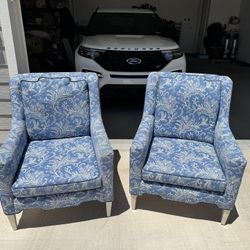 Pair of Upholstered Armchairs – Classic Blue Damask Pattern