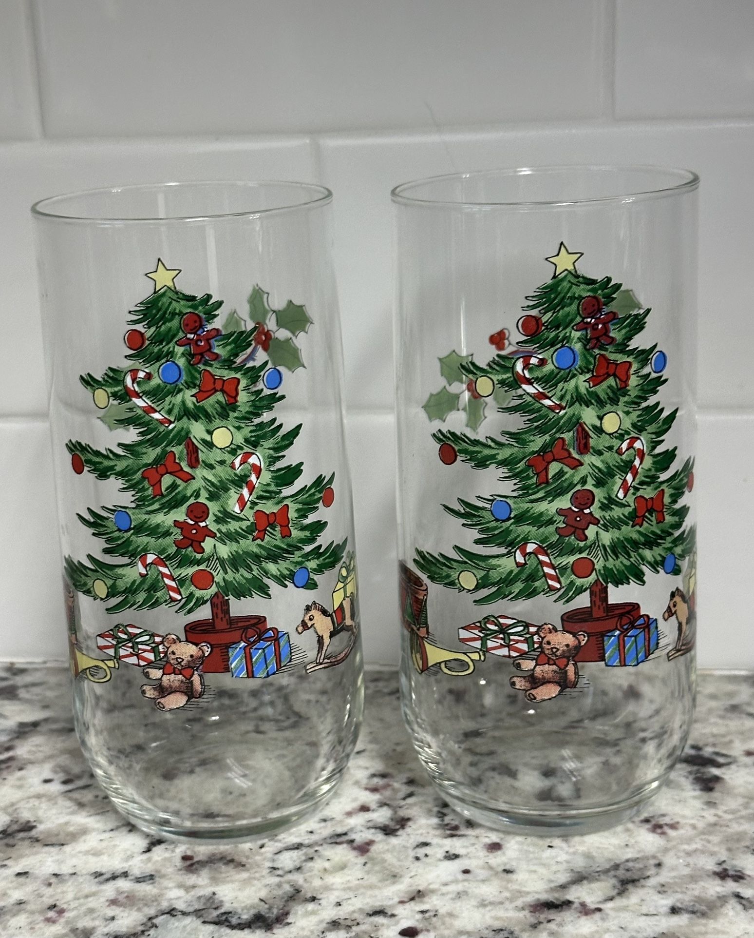 Vintage Luminarc Christmas Tree & Holly Berry Tumblers - Set Of 2