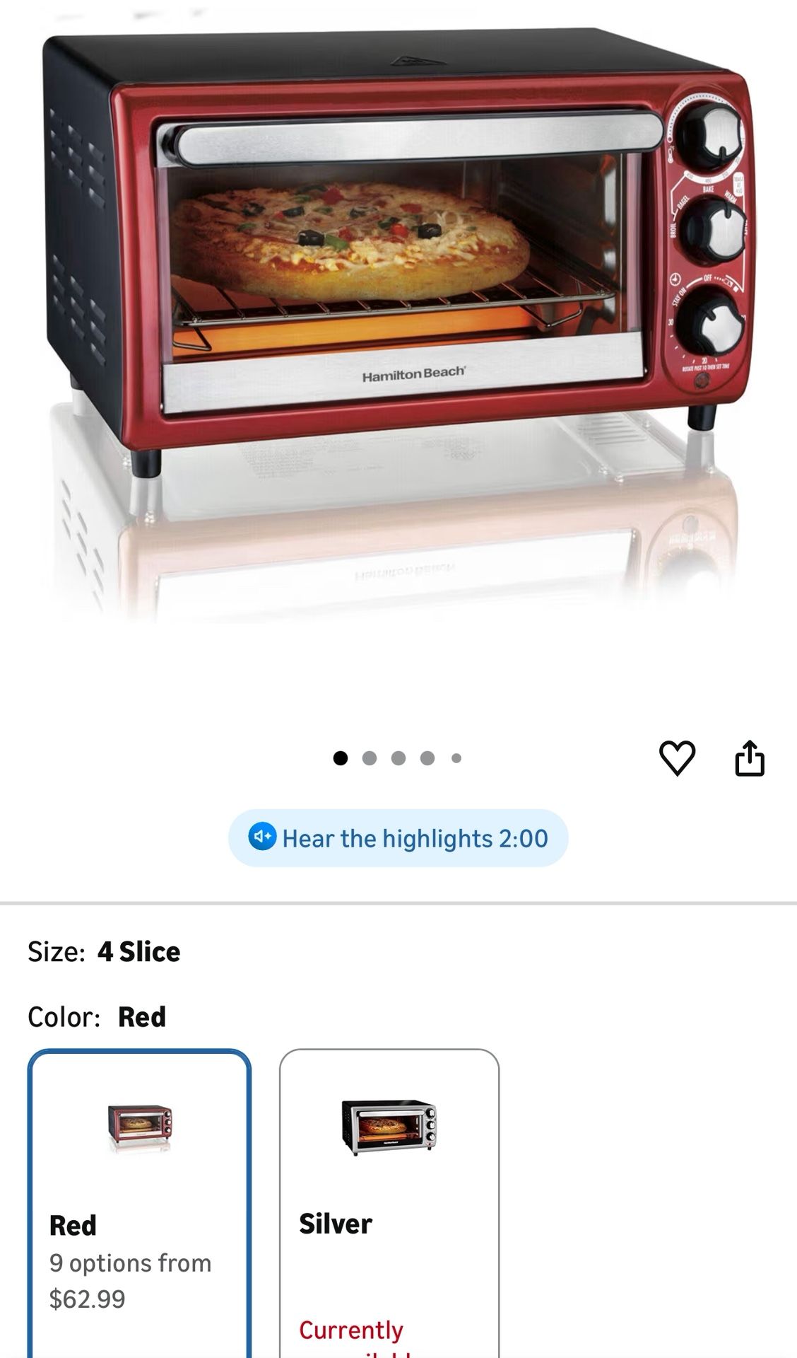 Hamilton Beach 4-Slice Toaster Oven, Red