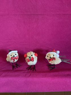 Lot Of 3 Woodland Bird Christmas Standing Figures Twig & Straw Bristle