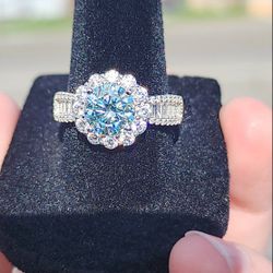 2 Carat Aqua Moissanite 18kt White Gold Plated Sterling Silver Ring.