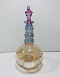 Vintage Art Glass Multicolor Decanter With Stopper Amber Blue Pink 12”.